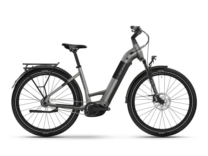 Raleigh Novus Hub Lowstep Electric Bike in Platinum Chrome Gloss